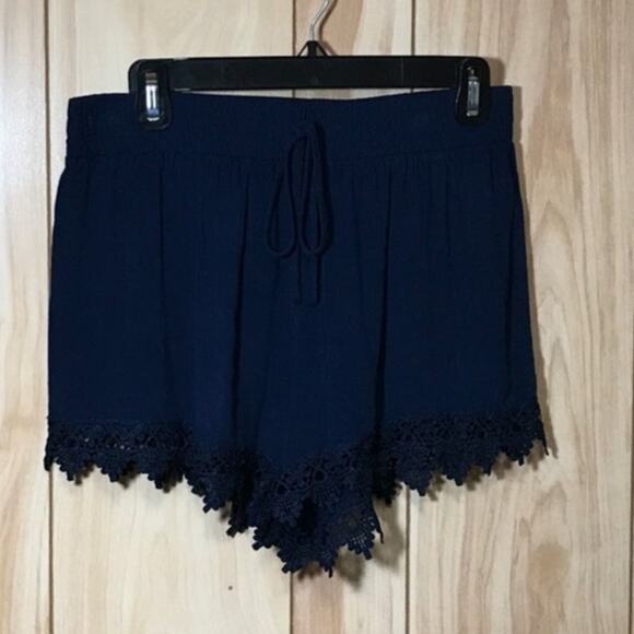 Ambiance Apparel Navy Blue Sheer Short Shorts Lace Hem L - Picture 1 of 6